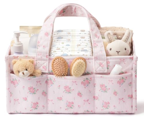 Image of Corduroy Baby Diaper Caddy Organizer with Handles, Nursery Storage Basket