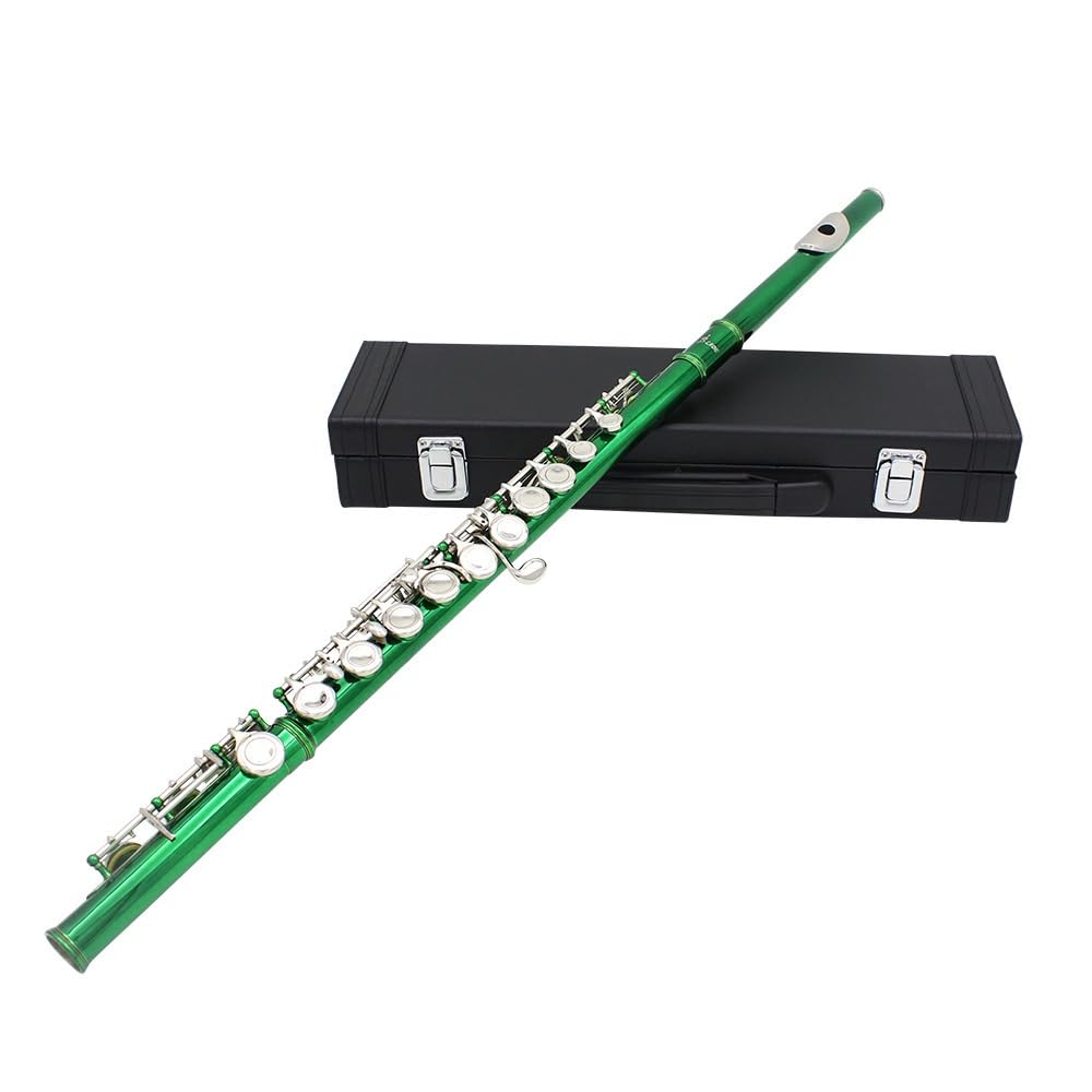 Flauta verde de 16 orificios, tecla C, cuerpo de tubo de cobre blanco, orificio de sonido técnico de dibujo en frío, multicolor opcional, adecuado for principiantes, caja de almacenamiento de cuero y