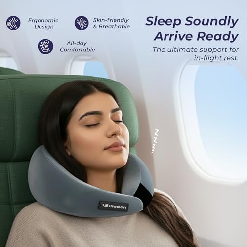 Image of Billebon Gel Infused Memory Foam Neck Pillow, Travel Pillow with Adjustable Velcro Straps, Neck Pillow for Travelling & Flight Travel, Ergonomic Support for Comfort & Pain Relief(Grey Combo)