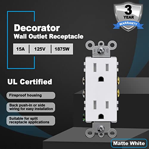 (20 Pack) Cml 15 Amp Matte White Decorator Wall Receptacle Outlet, Child-Safe Tamper Resistant Standard Electrical Outlets, 15A/125V, 3-Year Warranty, Ul Listed #TOP2