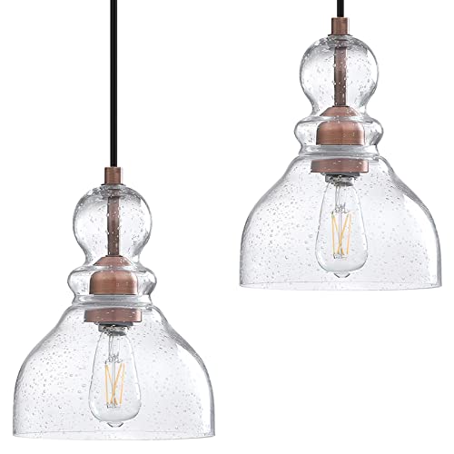 Modern 1 Light 2 Pack Industrial Farmhouse Adjustable Installation Hand Blown seeded Glass Washed Copper Ceiling Light Bedroom Kitchen Island Sink Restaurant bar Corridor