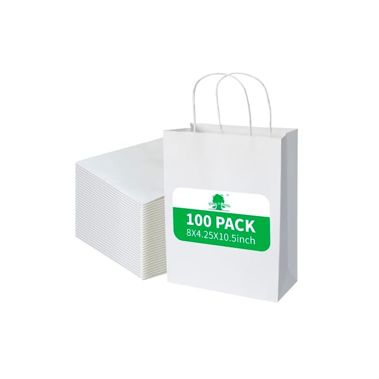 Klean & Conwenice Paper Gift Bags with Handles, 8x4.25x10.5 100Pcs White Bags Bulk, Medium Size Kraft Paper Bags, Wedding Gift Bag, Goody Party Favor, Retail Merchandise, Grocery Shopping