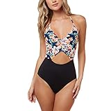 SHE.White Damen Blumendruck Hals hängen Badeanzug Neckholder V-Ausschnitt Rückenfrei Einteiliger Bademode Bauchweg Cutouts Strandbikini Boho Swimmwear