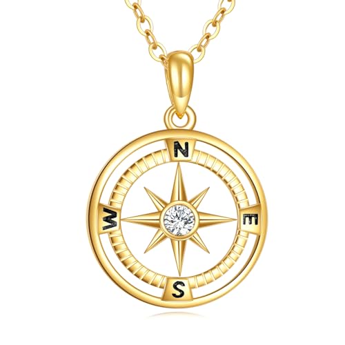 DOVRAN 14K Solid Gold Compass Necklace for Women Real Yellow Gold Nautical Compass Pendant Graduation Jewelry Gifts for Wife Mom