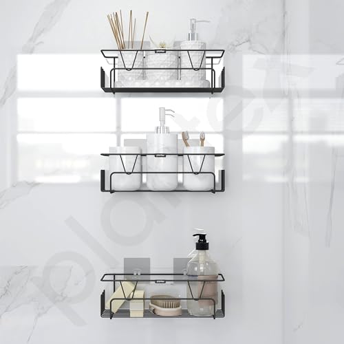 Image of Plantex Bathroom Organiser Without Drill /Self Adhesive Bathroom Shelf for Wall /GI Steel Rack with Side Hooks & Magic Sticker /Bathroom Accessories Set (Black, Powder Coated) - Pack of 3