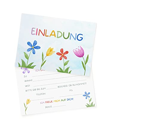 Essi's Stoff Boutique 10 Blumen Einladungskarten - Florale Mädchen Einladung für Feen Party, gartenfest oder Frühlings Kindergeburtstag - inkl. Umschläge