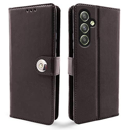 Image of Pikkme Samsung Galaxy A34 5G Flip Cover Leather Finish | Inside TPU with Card Pockets | Wallet Stand and Shock Proof | Complete Protection Button Flip Case (Coffee)