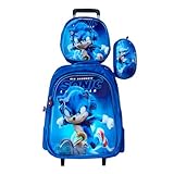 Kit Mochila do Sonic em 3D com Rodinhas Escolar Infantil + Lancheira Térmica + Estojo em Alto Relvo Escolar