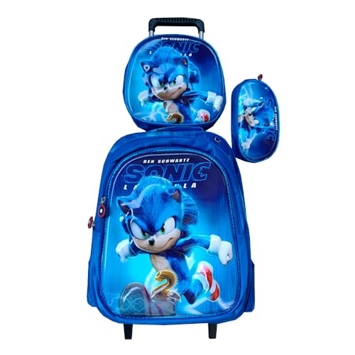 Kit Mochila do Sonic em 3D com Rodinhas Escolar Infantil + Lancheira Térmica + Estojo em Alto Relvo Escolar