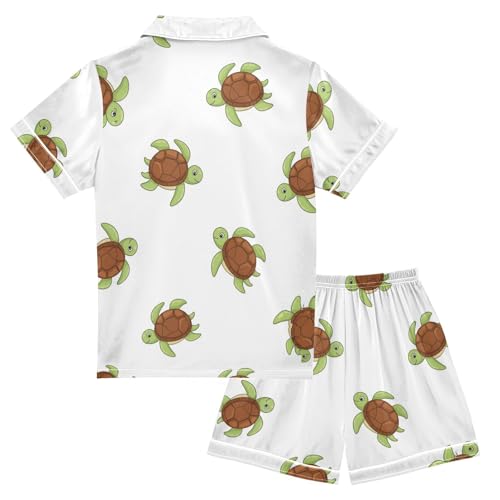 Satin Pajama Sets Short Sleeve Turtle Pattern Print Design_1 Button Down Silky Nightwear 2 Piece PJS 5-14Y2