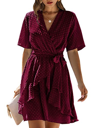 BTFBM Women Fashion Faux Wrap Swiss Dot V-Neck Short Sleeve High Waist A-Line Ruffle Hem Plain Belt Short Dress (Wine Red, Large)