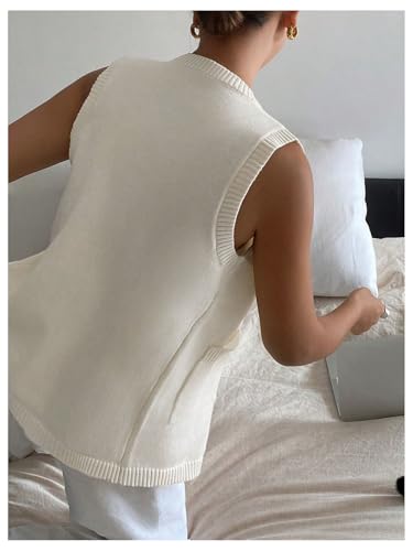Verdusa Women's Button Front Sweater Vest Split Hem Round Neck Sleeveless Knit Tops with Pockets2