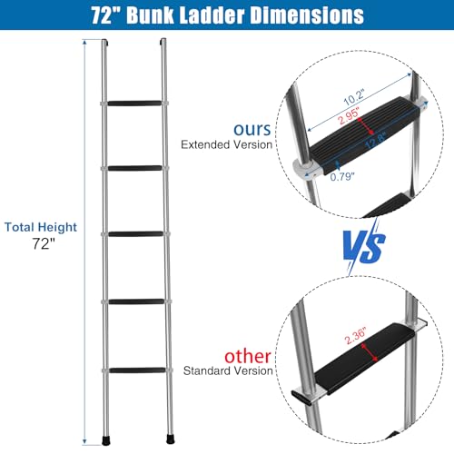 Image of 72 inch RV Bunk Ladder, 5 Wide Step Aluminum Camper Bunk Bed Ladder with Anti-Slip Rubber Foot Pads, Sliver