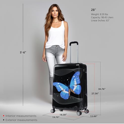 Image of InUSA Black Butterfly Print Luggage with Spinner Wheels | Durable Lightweight Hardside Suitcase | Travel Bag with Handle and Trolley | 28-Inch Large Checked luggage