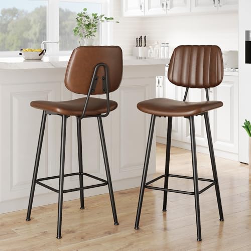 Image of Raynesys 29-Inch Leather Bar Stools Set of 2 with High Backrest, Dark Brown