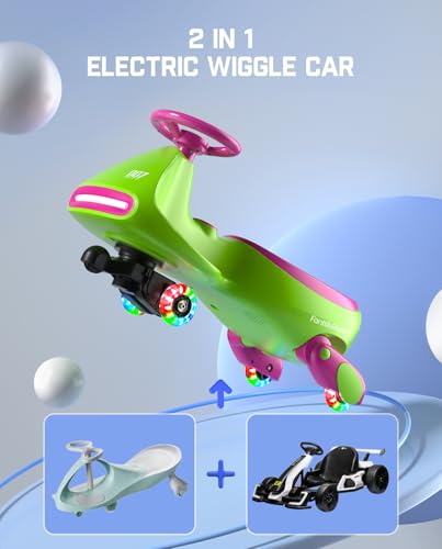 FanttikRide N7 Pro Electric Wiggle Car with Pedal, Rechargeable Battery, CyberWiggle, 2 in 1 Swing Car, 2 Speed, Anti-Rollover, Flashing Wheels, Bluetooth, for Ages 3 and Up, 150 Lbs, Grape Green