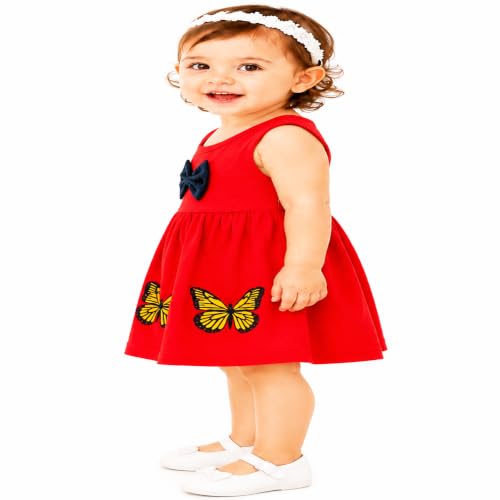 Image of Baby Girls Cotton Sleeveless Butterfly Print A-Line Frock Dress with Bow.