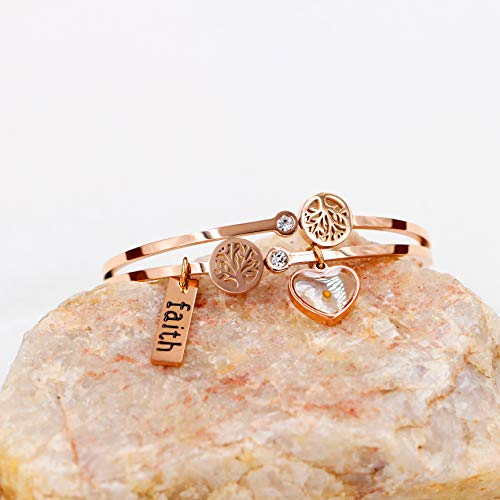 Image of Uloveido Rose Gold Plated Tree Of Life Bangle Cuffs Faith Mustard Seed Pendant Charms Open Bracelet for Women Y1028