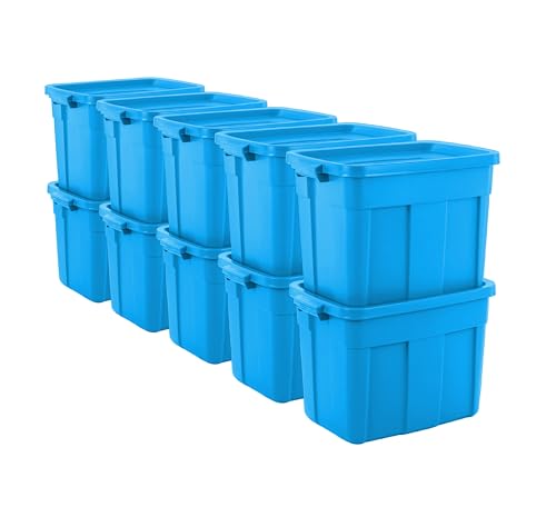 Image of Rubbermaid Roughneck Tote 18 Gal, 10 Pack, Made in USA, Heritage Blue, Rugged Plastic Stackable Storage Bins with Lids and Handles