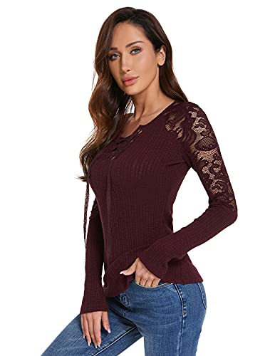Image of AmelieBoutik Women Floral Lace Inset Lace Up Ribbed Long Sleeve Knit Top