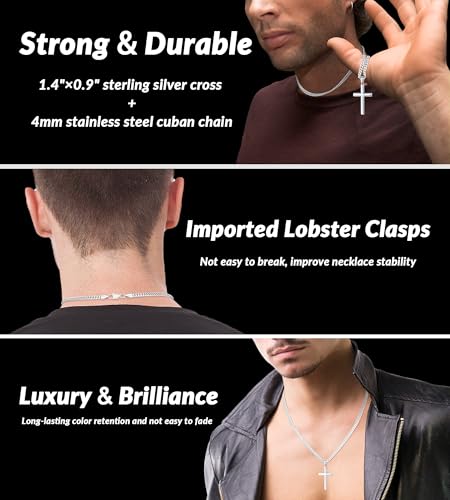 Italian 925 Sterling Silver Cross Necklace for Men, 14k Gold and Sterling Silver Cross Pendant with Top Craftsmanship 4mm Stainless Steel Cuban Chain Necklace for Men Boys Women 16-26 Inch4