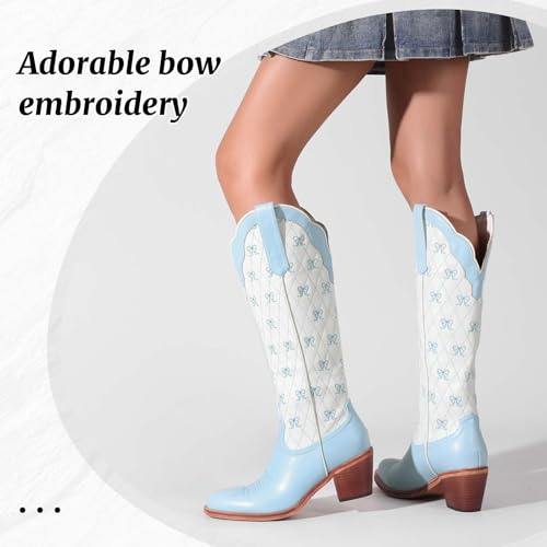 Women's Cute Cowboy Boots With Bow Embroidery Casual Knee High Cowgirl Boots For Women Chunky Heel Pointed Toe Western Style Boot With Color-Block Design For Prom Dressy Party2