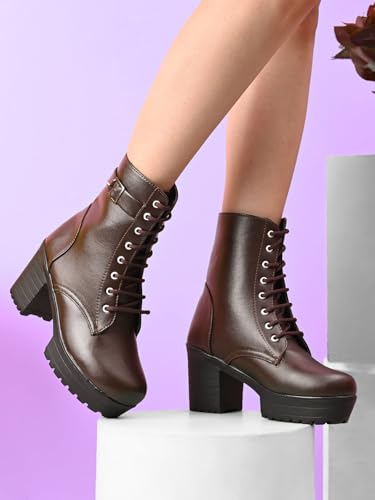 Image of XE Looks 100% Vegan Leather Women's Lace-Up Chunky Heel Ankle Boots with Buckle Detail | Trendy, Lightweight, Stylish, Comfortable and Soft, Trendy Heel Boots for Girls & Women