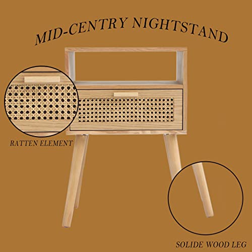 Maxsmeo Modern Nightstand Rattan Side Table With Storage, Farmhouse End Table For Living Room, Bedroom And Small Spaces, Accent Bedside Tables With Solid Wood Legs, Easy Assembly (Natural Walnut) #TOP4