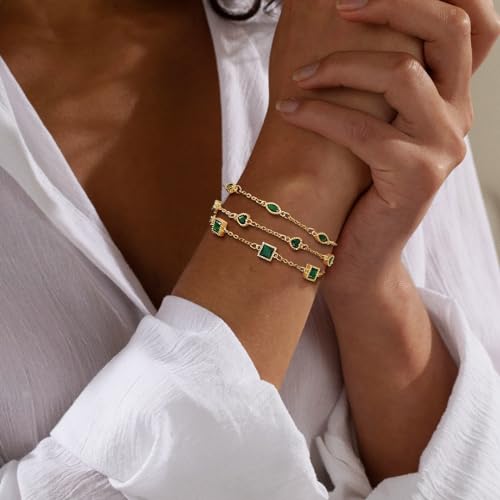 Kyerlyn K-BCT-O7-3 LAYER GREEN CZ-GD Gold Layered Bracelets For Women, Dainty 14K Gold Plated Link Bracelet Set Oval Heart Square Green Cz Personalized Bracelet Stack Trendy Everyday Jewelry Gifts thumb #1