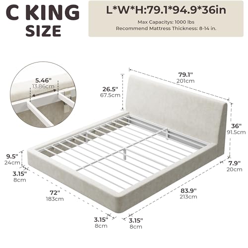 Image of RECCI AirFrame California King Bed Frame with Ergonomic Angled Foam Cushioned Headboard, Minimalist Design Platform Bed Frame, No Box Spring Needed, Easy Assembly (Beige Chenille)