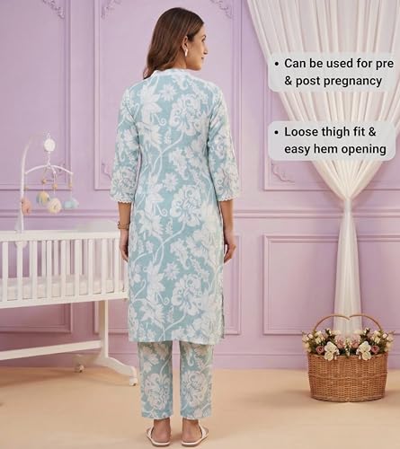 Image of DUMMY SHAPE Maternity Dresses for Women Cotton | Floral Kurta Pant Dupatta Set with Nursing Zippers, Side Pocket | Pre & Post Pregnancy | Feeding Kurti Suit | Baby Shower | Gifts for Pregnant Woman