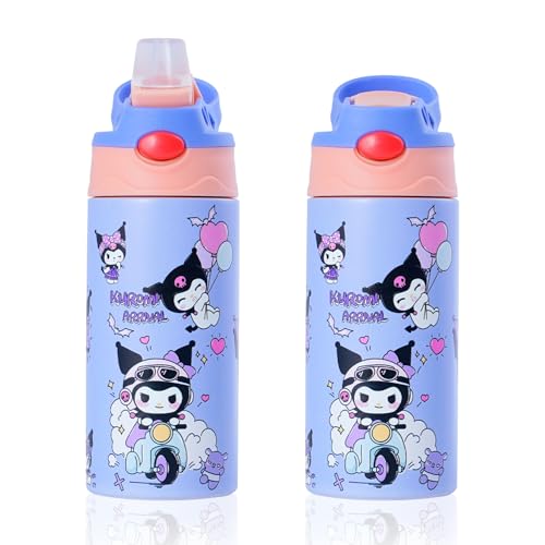 Image of 12oz Anime Water Bottle with straw Cartoon Reusable Double Walled Vacuum Metal Insulated Mug for Girls 500ml (purple)