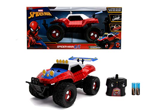 Jada Toys 253228000 Marvel RC Spiderman, Buggy, zdalnie sterowany samochód, funkcja turbo, 2-kanałowy pilot zdalnego sterowania, funkcja ładowania USB, w zestawie baterie, 1:14, czerwony/niebieski