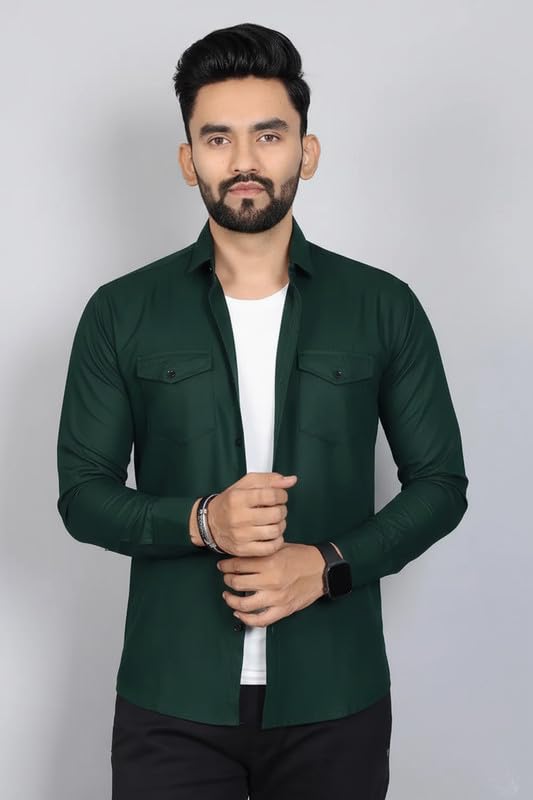 Image of DEELMO Men Solid Slim Fit Casual Overshirt Style Shirt | Full Sleeve Button-Down Layering Shirt Smart Casual Look