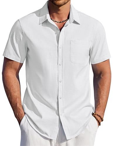 COOFANDY Hemd Herren Kurzarm Sommer Baumwollhemd Freizeithemd Regular Fit Oberhemd Leicht Urlaub Kurzarmhemd Strand Herrenhemd Mit Tasche Weiß S