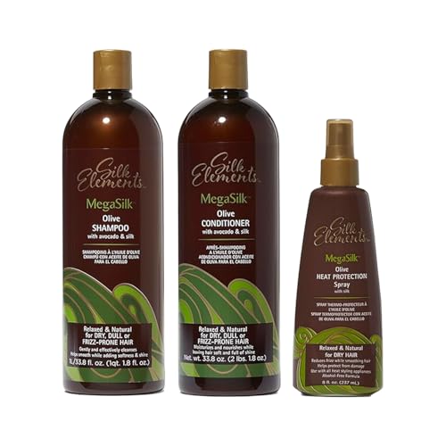 Silk Elements Megasilk Olive Hair Bundle: Olive Heat Protection Spray (8 oz), Olive Shampoo (33.8 oz), & Olive Conditioner (33.8 oz)