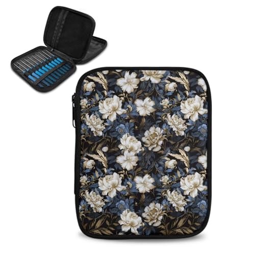 Image of Crochet Hook Case Vintage Floral Crochet Hook Holder Portable Crochet Hook Storage Bag with Web Pockets Suitable for Crochet Needles /Knitting Accessories