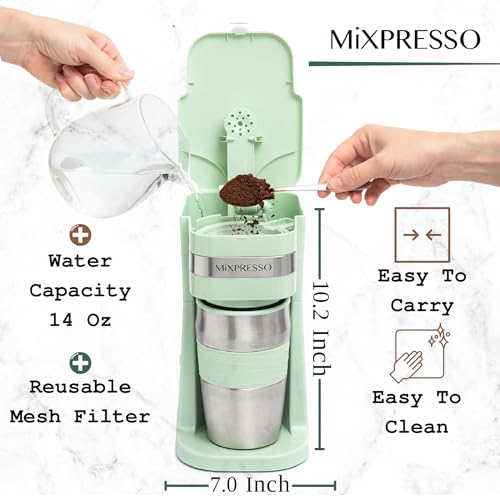 Mixpresso Green Personal Single Serve Coffee Maker with 14oz Travel Mug, Drip Small Coffee Maker with Auto Shut Off, Reusable Filter, Works with Ground Coffee Only – Not for K-Cup Pods by Mixpresso - Used condition - Image 2