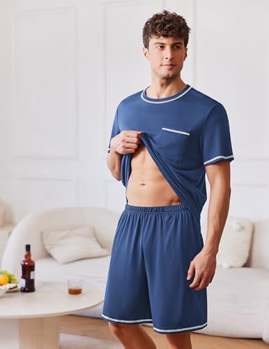 Ekouaer Men's Pajamas Set Casual Short Sleeve Shirts and Shorts Soft 2 Piece Loungewear With Pockets2