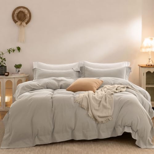 ELIMMO Duvet Cover Set Washed Cotton Embroidered Hem Full 3‑Pcs