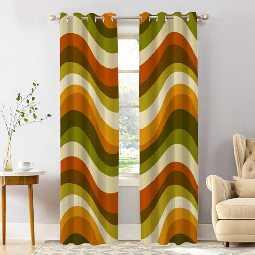 Shrahala Retro Wavy Stripes Blackout Window Curtains, Groovy Colorful Wave Pattern Thermal Insulated Curtains Grommet Long Drapes for Bedroom,Living Room (2 Panels, 52 x 84 in)