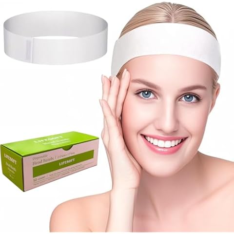 LIFESOFT Disposable Facial Spa Headbands Elastic Hair Wrap with Closure Box of 50 Cover