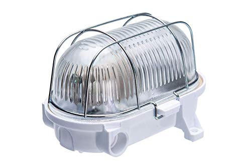Oval 60, ES / E27, Bulkhead Light Lamp, IP54, White Bakelite, Steel cage, matt Glass Cover, OVAL-60-E27-WBMGS