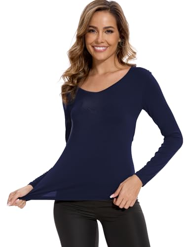 GYS Pijama feminino de viscose de bambu, gola V, caimento justo, camiseta básica de manga comprida,