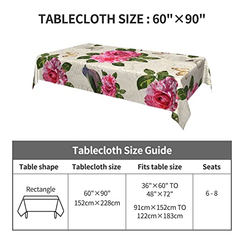 Vintage Flower Bird Butterfly Tablecloth Table Cover Washable Tabletop For Kitchen Dinning Decoration Rectangle 60X90 Inch #TOP4