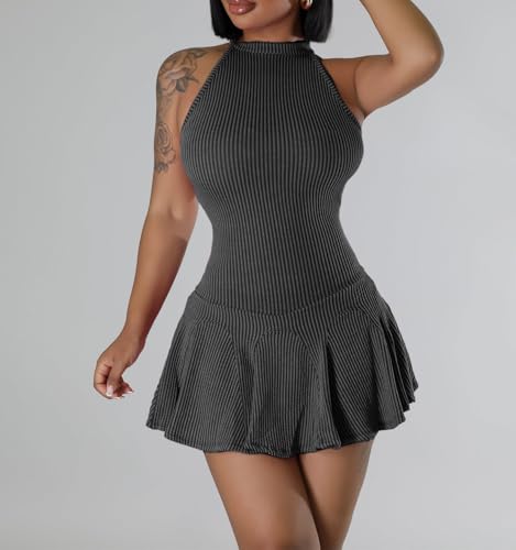 Women's Summer Ribbed Knit Mini Dresses Sleeveless Halter Ribbed Bodycon Short Dress with Built in Shorts2