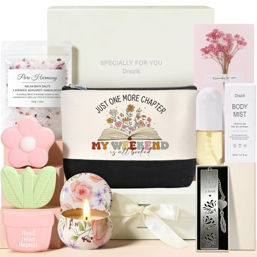 Drazik Book Lover Gifts for Women Reader Pamper Gift Box for Her Bookish Self Care Spa Bath Set with Metal Bookmark Relaxation Hamper Bookworm Present Ideas for Birthday Christmas or Thank You
