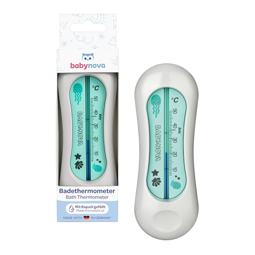 babynova Baby Badethermometer - übersichtliche analoge Skala - kindersicheres Thermometer für die Badewanne - BPA-frei - Made in Germany - Grau