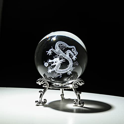 Longwin 3D Laser Dragon Crystal Ball Paperweight - 2.3 Inch 3D Engraved Glass Decorative Ball With Silver Metal Stand, Feng Shui Home Decor Gift Idea #TOP5