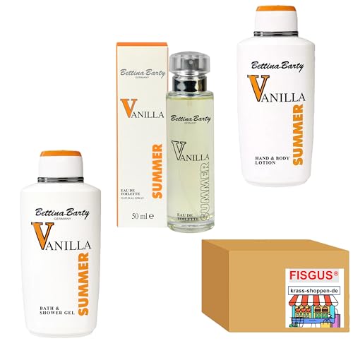 Ein Angebot von FISGUS® by krass-shoppen-de - Bettina Barty - Summer Vanilla Serie - 1 x 500ml Bath & Shower Gel - 1 x 500ml Hand & Body Lotion - 1 x EdT Spray 50ml
